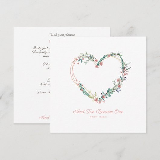 Invitation Aquarelle florale Coeur avec Feuilles en rose (Devant / Derrière)