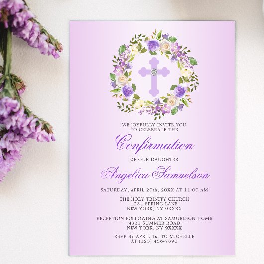Invitation Aquarelle Florale CONFIRMATION Lavande violette