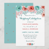 Invitation Aquarelle florale Coral rose Aqua Mariage élégant (Devant / Derrière)