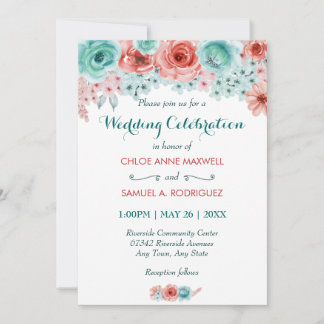 Invitation Aquarelle florale Coral rose Aqua Mariage élégant