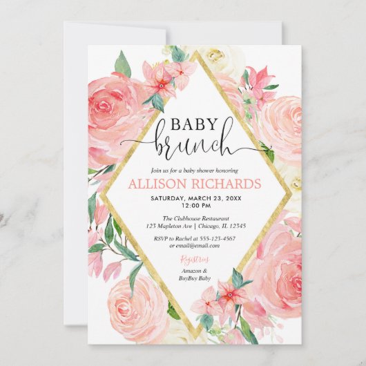 Invitation Aquarelle florale couleur rose vif fille brunch bé (Devant)