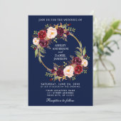 Invitation Aquarelle Florale couronne Bourgogne Mariage bleu (Debout devant)