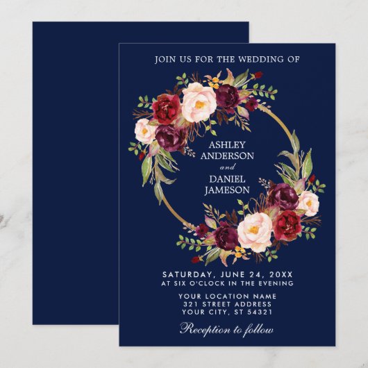 Invitation Aquarelle Florale couronne Bourgogne Mariage bleu (Devant / Derrière)