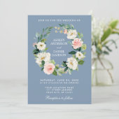 Invitation Aquarelle Florale couronne rose Dusty Mariage bleu (Debout devant)