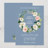 Invitation Aquarelle Florale couronne rose Dusty Mariage bleu (Devant / Derrière)
