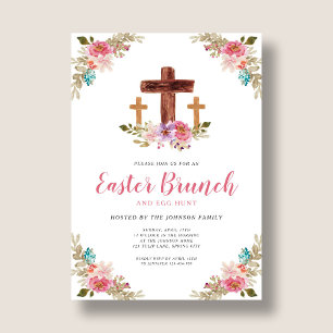 Invitation Aquarelle florale Croix religieuse Brunch de Pâque