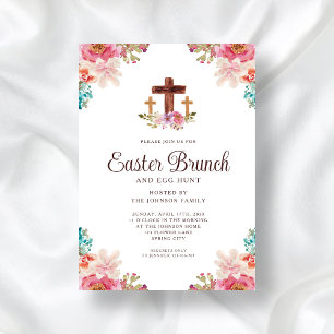 Invitation Aquarelle florale Croix religieuse Brunch de Pâque