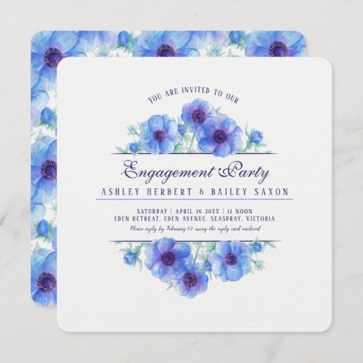 Invitation Aquarelle florale d'anémone bleu fiançailles (Devant / Derrière)