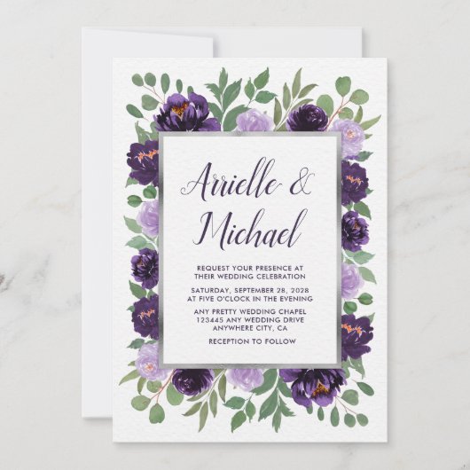 Invitation Aquarelle florale d'argent pourpre Mariage d'eucal (Devant)