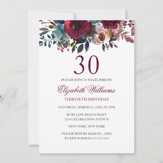 Invitation Aquarelle florale de Bourgogne 30e anniversaire In (Devant)