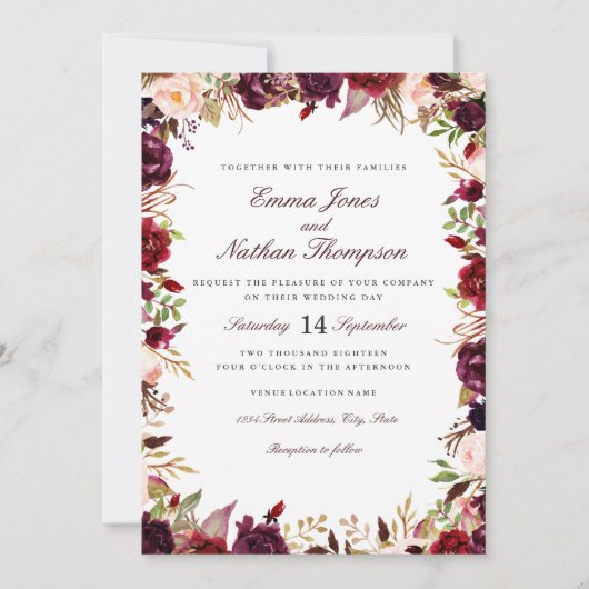 Invitation Aquarelle florale de Bourgogne mariage (Devant)