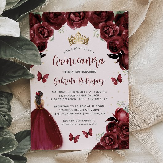 Invitation Aquarelle florale de Bourgogne Princesse Quinceañe