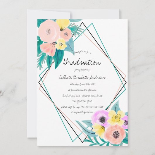 Invitation Aquarelle florale de corail Graduation du cadre (Devant)