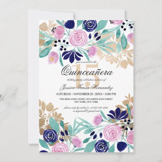 Invitation Aquarelle Florale de la Marine Rose Or Quinceañera (Devant)