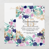 Invitation Aquarelle Florale de la Marine Rose Or Quinceañera (Devant / Derrière)