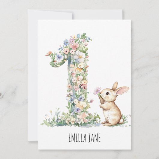 Invitation Aquarelle florale de lapin 1er anniversaire (Devant)