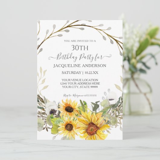 Invitation Aquarelle florale de tournesol rustique 30e annive (Debout devant)