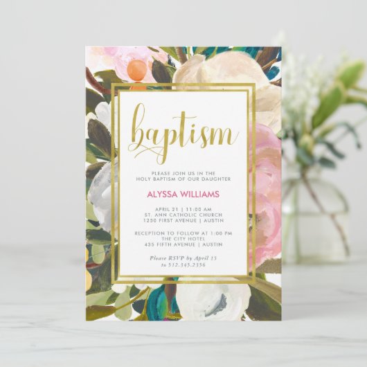 Invitation Aquarelle florale délicate | Baptême (Debout devant)