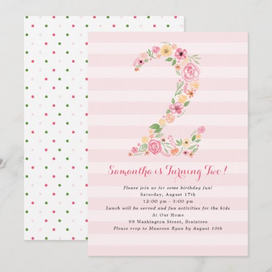 Invitation Aquarelle Florale Deux deuxième anniversaire (Devant / Derrière)