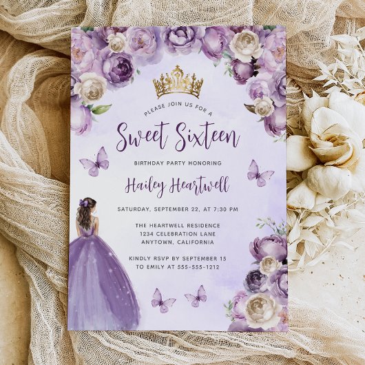 Invitation Aquarelle florale d'ivoire pourpre 16