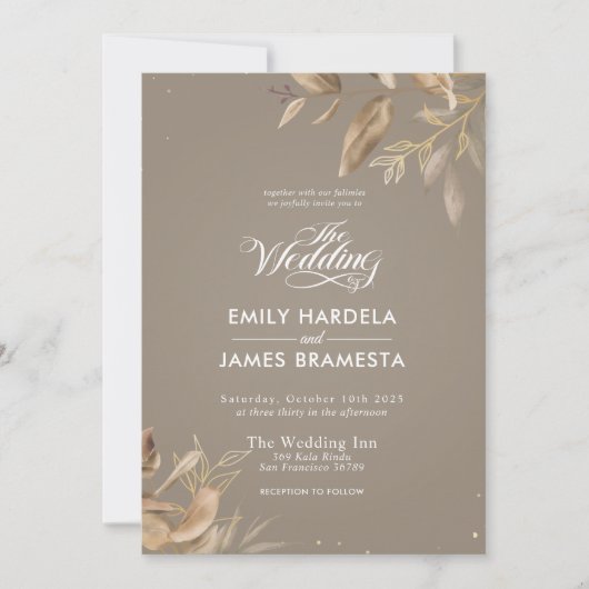 Invitation Aquarelle Florale d'or Mariage budget (Devant)