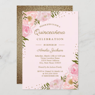 Invitation Aquarelle florale dorée Quinceanera