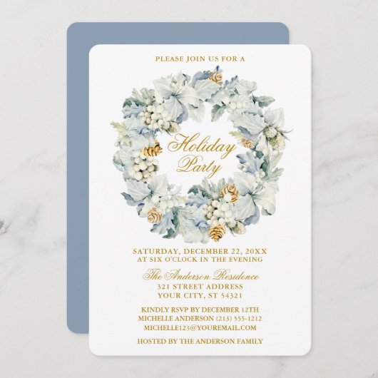 Invitation Aquarelle Florale Dusty Blue Gold Fête (Devant / Derrière)