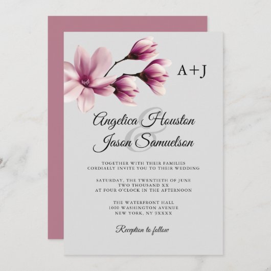 Invitation Aquarelle Florale Dusty Mauve Taupe Mariage gris (Devant / Derrière)