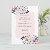 Invitation Aquarelle florale Dusty rose marine Mariage bleu (Debout devant)