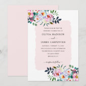 Invitation Aquarelle florale Dusty rose marine Mariage bleu (Devant / Derrière)