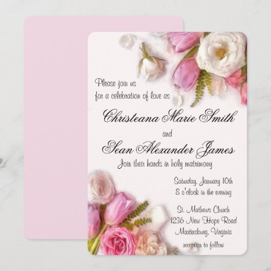 Invitation Aquarelle florale élégante de ressort rose et (Devant / Derrière)