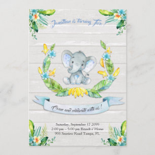 Invitation Aquarelle florale Elephant Invitation, Baby boy 2e