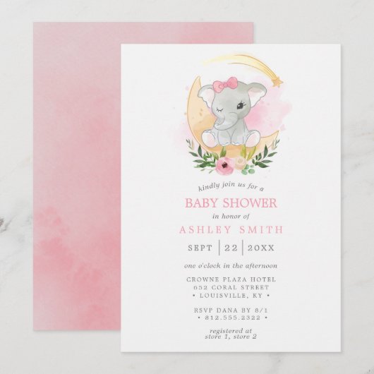 Invitation Aquarelle florale Eléphant Lune Baby shower fille (Devant / Derrière)