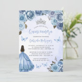 Invitation Aquarelle florale en argent bleu QR Code Quinceañe (Debout devant)