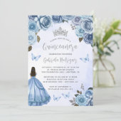 Invitation Aquarelle florale en argent bleu QR Code Quinceañe (Debout devant)