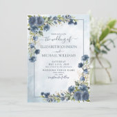 Invitation Aquarelle florale en or bleu foncé (Debout devant)