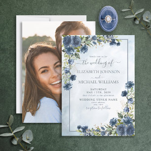 Invitation Aquarelle florale en or bleu foncé