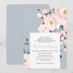Invitation Aquarelle florale et bleu unique Quinceañera