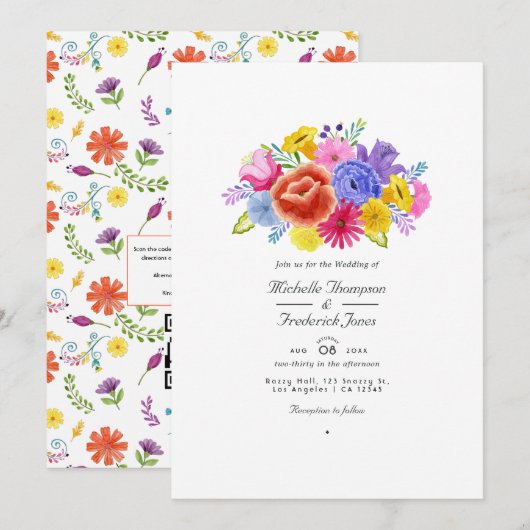 Invitation Aquarelle Florale Fiesta QR Code RSVP Mariage (Devant / Derrière)
