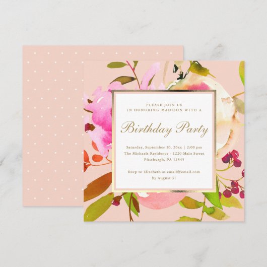 Invitation Aquarelle florale floue avec points fête d'anniver (Devant / Derrière)