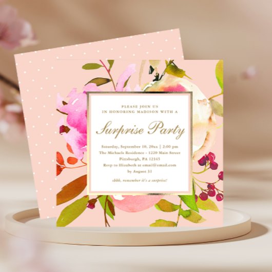 Invitation Aquarelle florale floue avec points Surprise Party