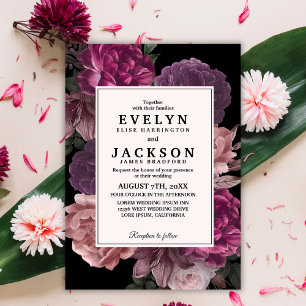 Invitation Aquarelle florale foncé moody noir Mariage