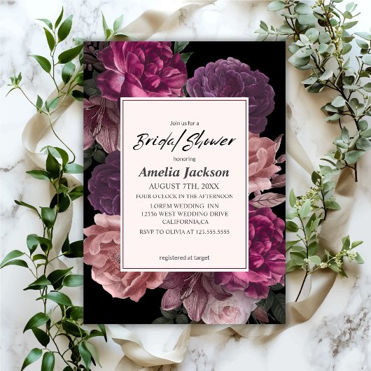 Invitation Aquarelle florale foncé moody noir nuptiale douche