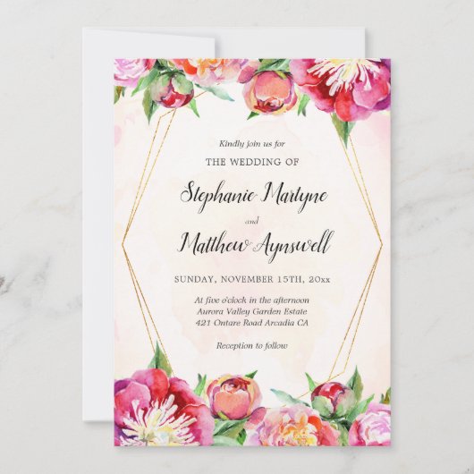 Invitation Aquarelle florale géométrique Mariage de pivoine d (Devant)