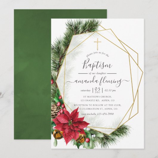 Invitation Aquarelle Florale Géométrique Noël Baptême (Devant / Derrière)