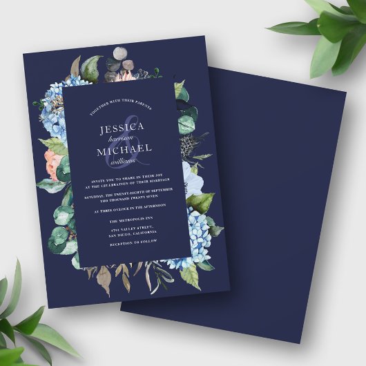 Invitation Aquarelle Florale Hydrangée Mariage bleu profond