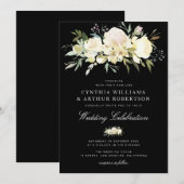 Invitation aquarelle florale ivoire blanc mariage noir (Devant / Derrière)