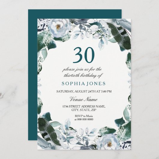 Invitation Aquarelle florale Jade Vert 30e anniversaire Invit (Devant / Derrière)