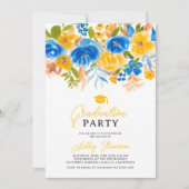 Invitation Aquarelle florale jaune bleu graduation photo (Devant)
