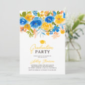 Invitation Aquarelle florale jaune bleu graduation photo (Debout devant)